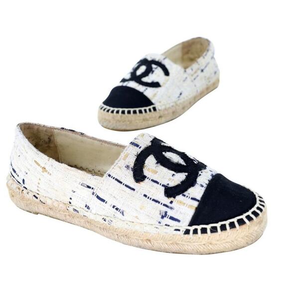 Chanel Espadrille 35 Tweed Leather Cap Toe Flats CC-S0207P-C039 - Picture 2 of 12